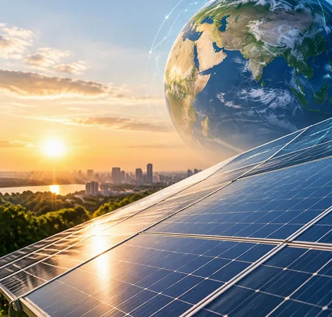 Solar panels at sunset with the Earth rising over a city skyline